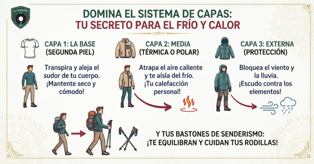 Infografia, sistema de capas de ropa, para senderismo