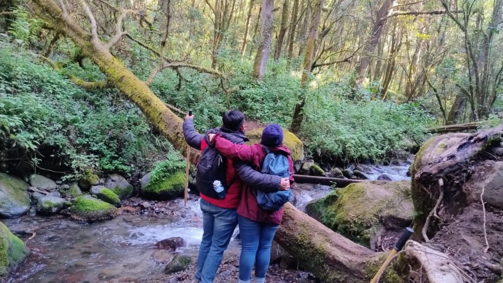 Camino hacia cascada la burbuja, pareja abrazada, en el bosque